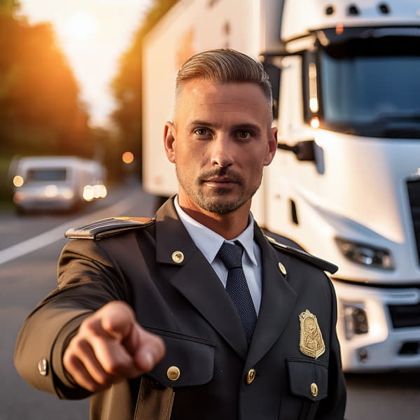 Polizist kontrolliert LKW